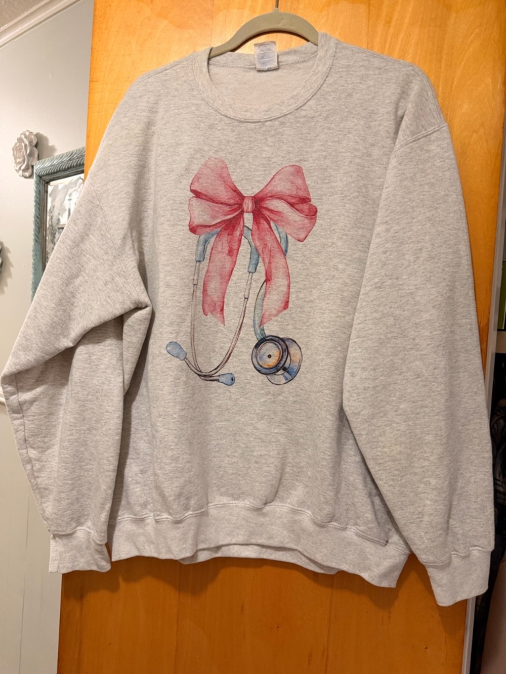 Coquette Bow Stethoscope Graphic Crewneck Sweatshirt XL | Neutral Oversized Cozy